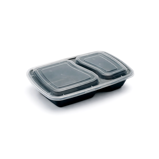 JN6828 28oz rectangular two compartment PP food container with clear lid on white background