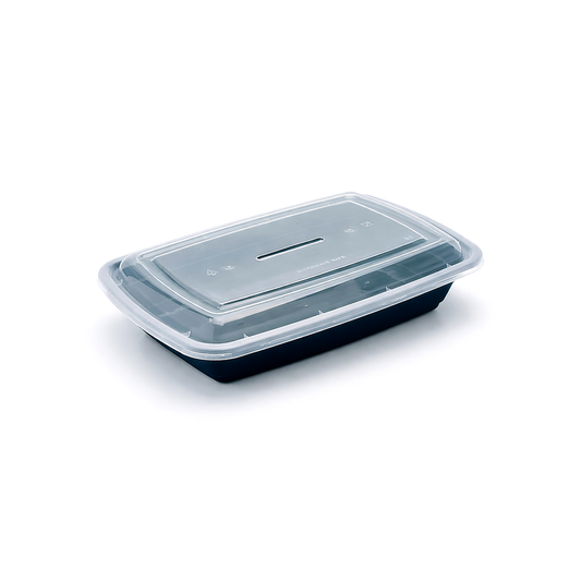 JN68 28oz rectangular PP food container with clear lid on white background