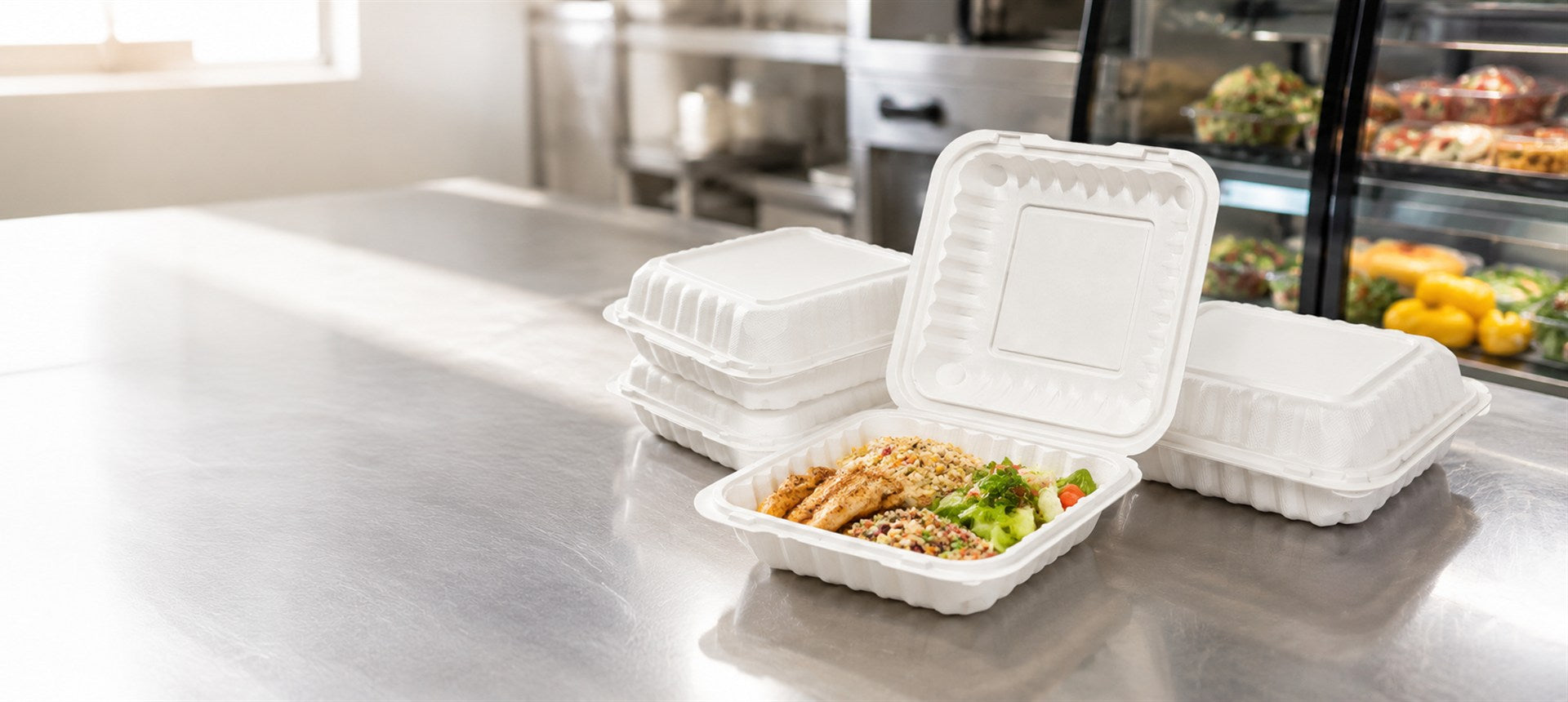 White hinged food container for restaurant takeaway and prepared meals