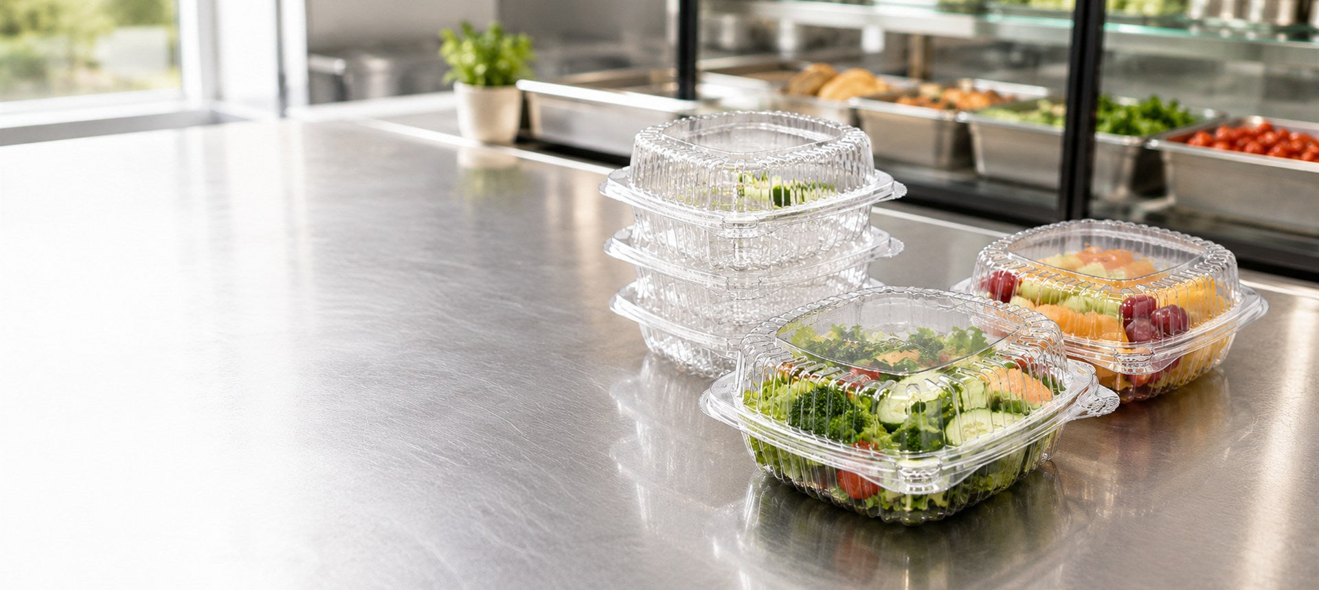 Clear PET clamshell containers for salad fruit and deli food display