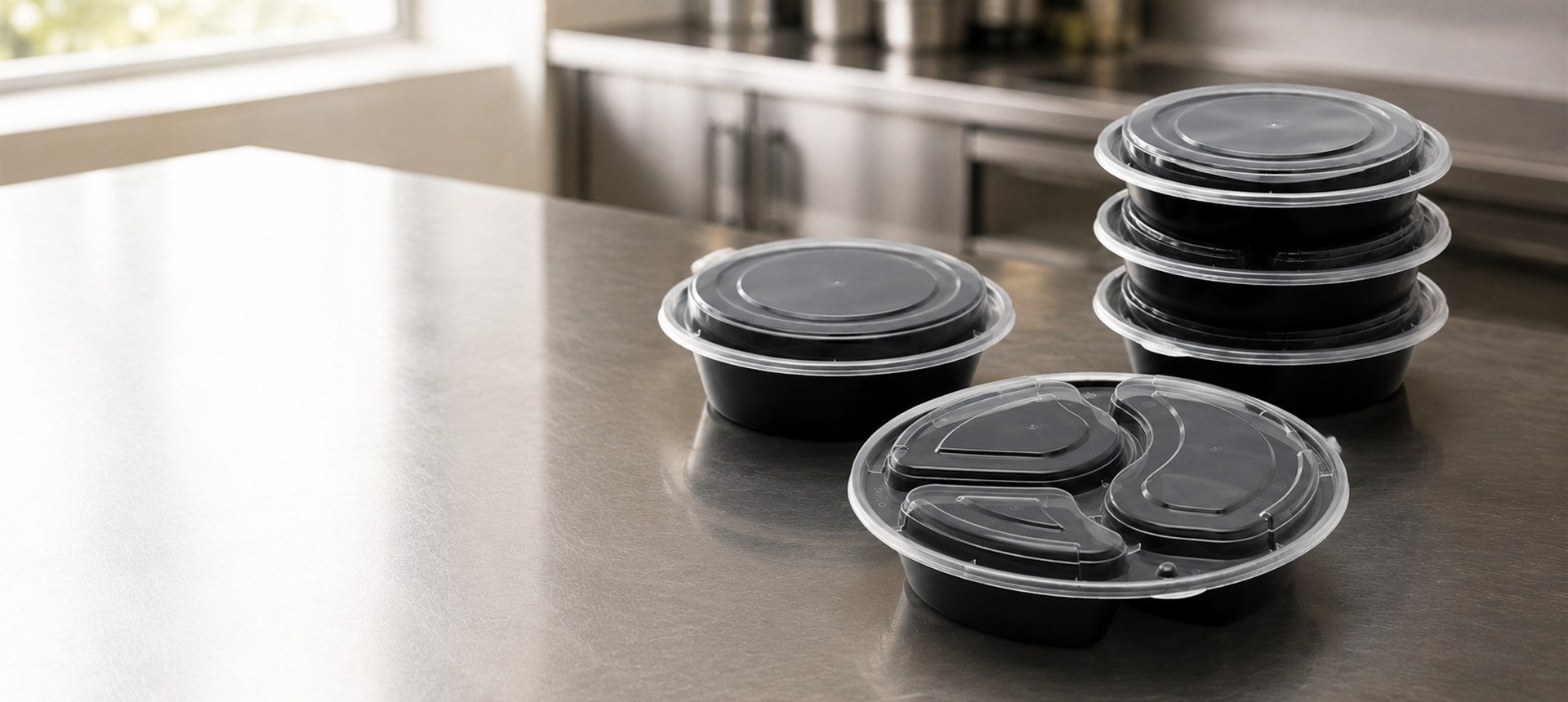 Black round PP bowls and divided round meal tray with clear lids for takeout packaging